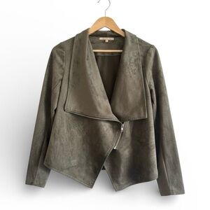 My Danielle Olive Faux Suede Drape Moto Jacket early 2010 Asymmetrical Zip, S